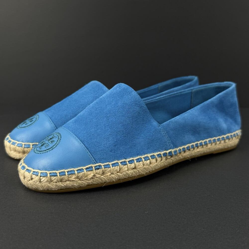 Tory Burch Espadrille Sandals Blue Suede Cap Toe Logo Womenโs 7